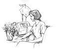 Drawing of a woman sitting in a comfortable chair beside a hemodialysis machine about the size of a small ice chest. A bag hangs from a hook above the machine. She is looking at a pot of flowers on the table in front of her.