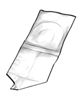 Drawing of a urine collection bag for infants. The bag has a circular adhesive strip that fits around the child's genital area.