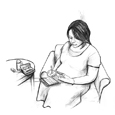 Drawing of a pregnant woman sitting in a chair, writing the result of her blood glucose test in a record book. She has a pen in her right hand and a blood glucose meter in her left hand. She is looking at her blood glucose meter. Her testing equipment is on a nearby table.