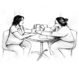 Drawing of a female dietitian and a pregnant woman sitting at a table. The dietitian is holding a booklet and pointing with a pencil to something in the booklet. The pregnant woman is looking at the booklet.