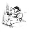 Drawing of a pregnant woman sitting on a couch, looking down, with a thermometer in her mouth. She holds one hand to her head and the other is resting on her belly. Next to the couch is a table with a lamp and a box of tissues.