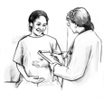 Drawing of a smiling pregnant woman sitting on an examination table in a doctor's office, talking with a female doctor. The doctor is writing on a pad of paper.