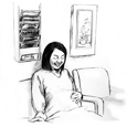 Ilustración de una mujer joven embarazada sentada en una silla en la sala de espera de un medico. Ella esta mirándose la barriga. Una de sus manos esta reposando en su barriga.