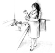 Ilustración de una mujer embarazada parada frente al lavabo del baño con una taza en su mano izquierda y una tirita en su mano derecha. Esta mirando la tirita de prueba. Una caja de tiritas de prueba se encuentra encima del mostrador.