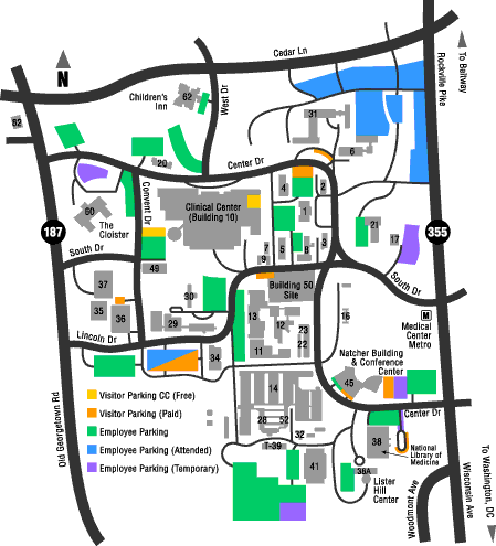 Map of NIH campus showing streets, buildings and parking areas