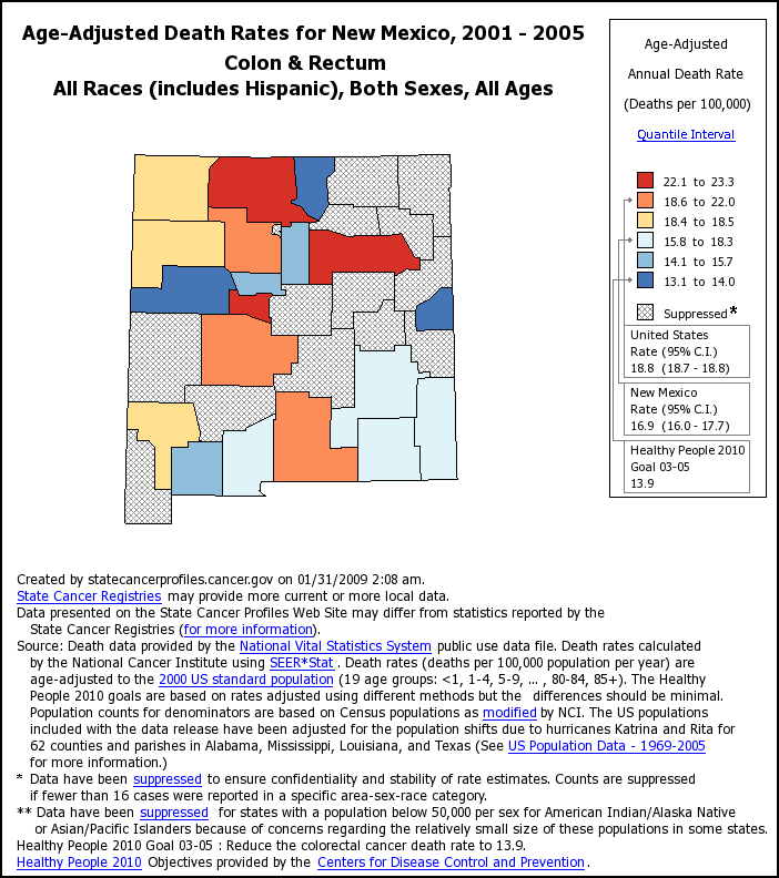 New Mexico map showing age-adjusted death rates by county.