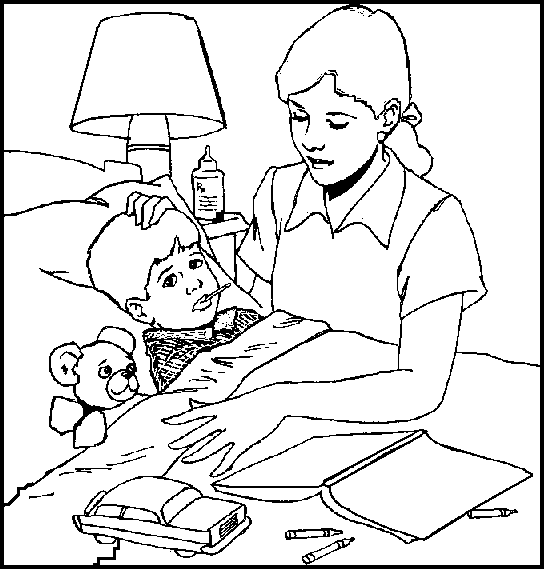coloring picture of sick child with mother taking his temperature