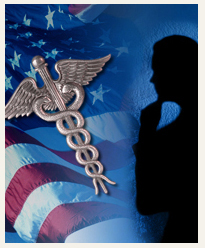 Montage of American flag, caduceus, and silhouette of person.