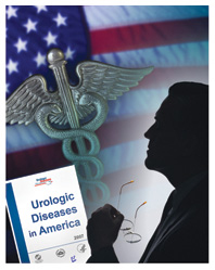 Montage of American flag, caduceus, silhouette of man holding glasses, and cover of report entitled “Urologic Diseases in America.”