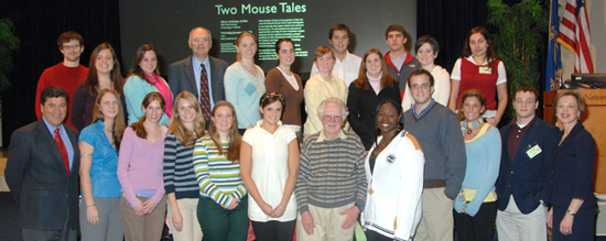 Nobel laureate Dr. Oliver Smithies (front, c) poses with NIH director Dr. Elias Zerhouni (front, far l), NHLBI director Dr. Elizabeth Nabel (front, far r), Randolph-Macon College students and their teacher, Dr. W. Wallace Martin (back row, 4th from l).