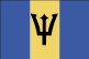 The flag of Barbados is three equal vertical bands of blue (hoist side), gold, and blue with the head of a black trident centered on the gold band.