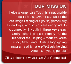 Helping America's Youth is a nationwide effort to raise awareness about the challenges facing our youth, particularly at-risk boys, and to motivate caring adults to connect with youth in three key areas: family, school, and community.  As the leader of the Helping America's Youth effort, Mrs. Laura Bush is highlighting programs which are effectively helping America's young people.  Click to Get Connected to these programs!