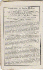 Dr. John Bull's Balsam of Wild Cherry and Iceland Moss, advertisement in Dr. John Bull's almanac, n.p., 1857, 22.7 x 13.8 cm.