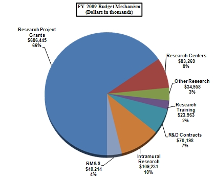 FY 2009 Budget Mechanism pie chart (Dollars in thousands) -- Research Project Grants, 686445 (66%): Research Centers, 83269 (8%): Other Research, 34958 (3%): Research Training, 23963 (2%): R&D Contracts, 70198 (7%): Intramural Research, 109231 (10%): RM&S, 40214 (4%)