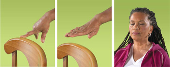 photos of finger on chair, hand above chair, and woman with eyes shut