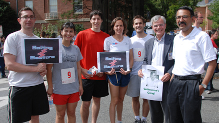 The 2nd place Bolting Electrons include (from l) runners Jeff Lengyel (NCI), Megan Dennis (NHGRI), Ari Halper-Stromberg (NCI), Patricia Zerfas (OD), Adam Bennett (NCI), NCI/LCB lab chief Dr. Michael Gottesman and LCB section chief Sriram Subramaniam. 