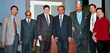 Attending the recent awards ceremony and holiday luncheon were (from l) scientific achievement award recipient Dr. Paul Liu of NHGRI; APAO 2007 President Prahlad Mathur of OD; NIH director Dr. Elias Zerhouni; Dr. Hameed Khan of NICHD; OEODM Director Lawrence Self; management achievement award recipient Dr. Simon Liu of NLM; and new APAO President Lucie Chen of NLM.