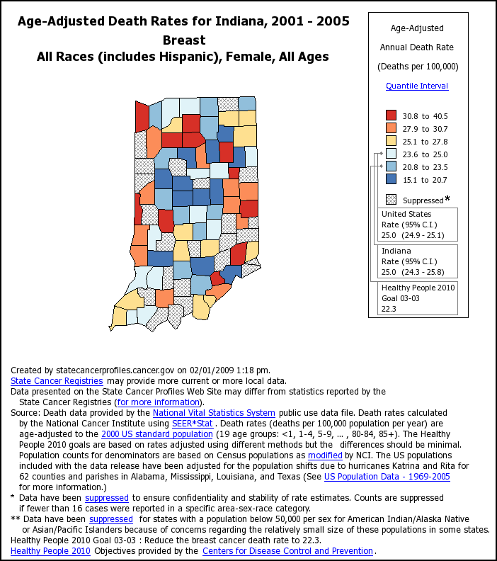 Indiana map showing age-adjusted death rates by county.