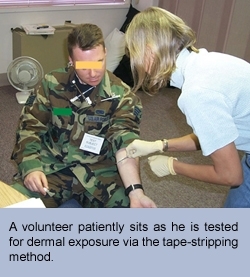 A volunteer patiently sits as he is tested for dermal exposure via the tape-stripping method.