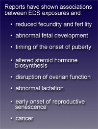 text box stating: Reports have shown associations between EDS exposures and: reduced fecundity and fertility, abnormal fetal development, timing of the onset of puberty, altered steroid hormone biosynthesis, disruption of ovarian function, abnormal lactation, early onset of reproductive senescence, cancer.