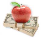 An apple sits atop a stack of one dollar bills