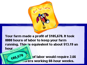 Summary screen from a game of 'Bet the Farm' showing a profit of $105,670