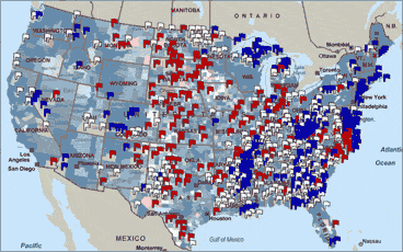 Map of the United States showing the ratio of food supply veterinarians to food supply animals by county