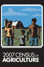 Artwork for the 2007 Census of Agriculture showing a woman, boy and man holding hands as they walk across a field toward a red barn