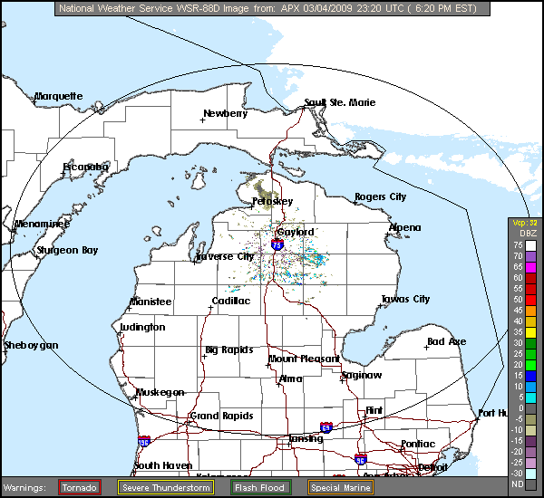 Click for latest Base Reflectivity radar loop from the Gaylord, MI radar and current weather warnings