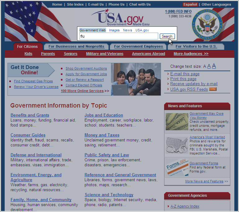 USA.gov homepage highlighting the search area when the Government Web tag is selected