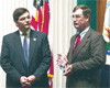NRCS Chief Bruce Knight (left) with 2004 Excellence in 
        Conservation Award winner Michael Byrne.