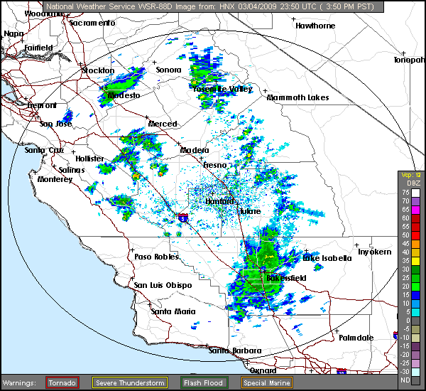 Click for latest Base Reflectivity radar loop from the San Joaquin Valley, CA radar and current weather warnings