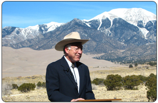 During a visit to Great Sand Dunes National Park and Preserve on Feb. 15, 2009, Secretary of the Interior Ken Salazar discusses job creation at national parks and wildlife refuges under President Obama's economic recovery and reinvestment plan. [Photo Credit: Tami Heilemann, DOI-NBC] 