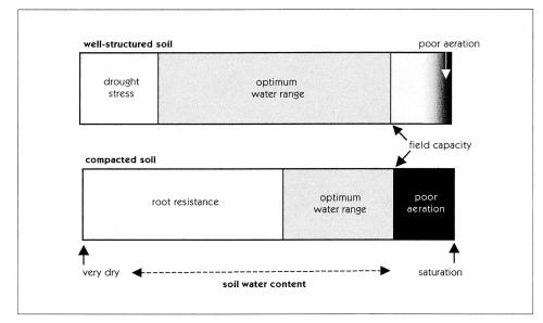 figure 6.12  The optimum water range for crop growth for two different soils.