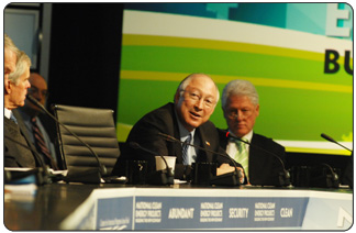 Secretary of the Interior Ken Salazar discusses role on U.S. public lands in clean energy development at National Clean Energy  Project Conference on Feb. 23, 2009. Former President Bill Clinton also was a member of the panel. [Photo by Tami Heilemann, DOI]  