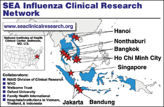 Mapa de la red de investigación clínica de la influenza en el sudeste de Asia que muestra la ubicación de los laboratorios que prestan colaboración.