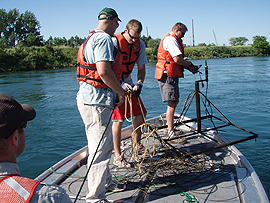 USFWS scientists aboard a boat, placing equipment in the river