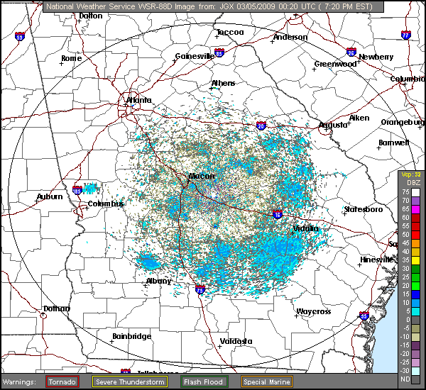 Click for latest Base Reflectivity radar loop from the Robins Air Force Base, GA radar and current weather warnings