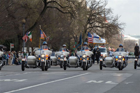 USPP Motorcycle Unit leads the St. Patrick's Day Parade on Constitution Avenue.