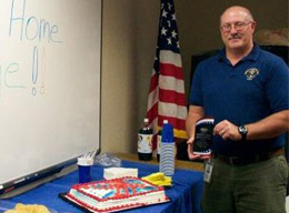 When  he returned to his duties in Resources Management, Jeff Smith received a warm  welcome from his co-workers and friends and a commemorative plaque. [LCR photo]