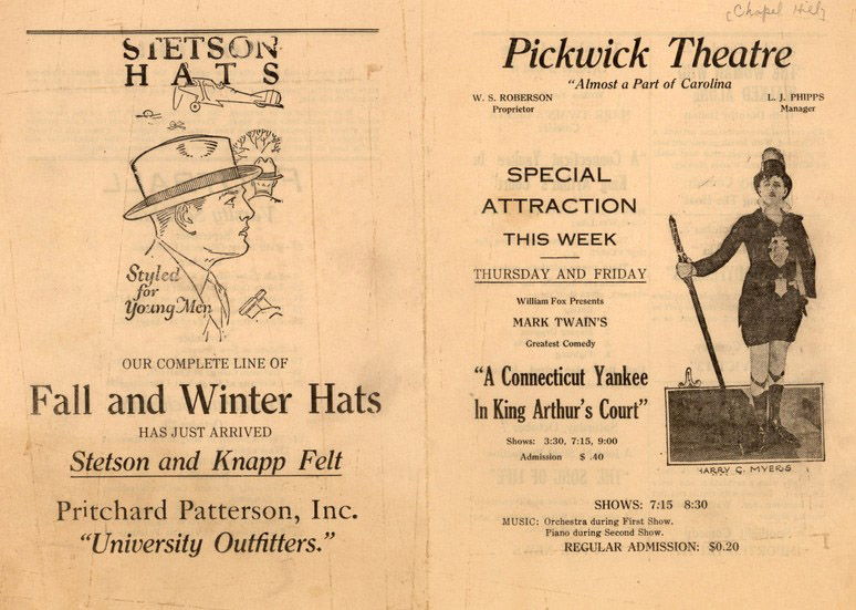 La imagen del cartel de un teatro para la obra de Mark Twain, A Connecticut Yankee in King Arthur’s Court, con una publicidad de Stetson Hats en la parte posterior.
