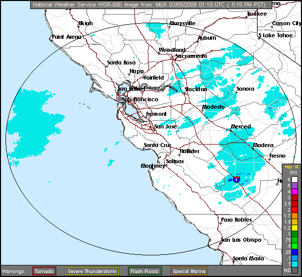 Click for latest One Hour Precipitation radar loop from the San Francisco Bay Area, CA radar and current weather warnings