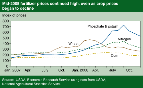 Chart:Mid-2008 fertilizer prices continued high, even as crop prices began to decline