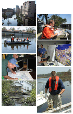 collage of hurricane pictures:  downtown New Orleans, boat rescues, USGS maps, home damage, and scientist taking water samples.