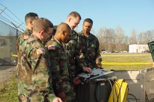 Photo of Soldiers inputting the sound into the ground for a cable fault locator