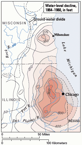 Decline in ground-water levels in the sandstone aquifer, Chicago and Milwaukee areas, 1864-1980. 
