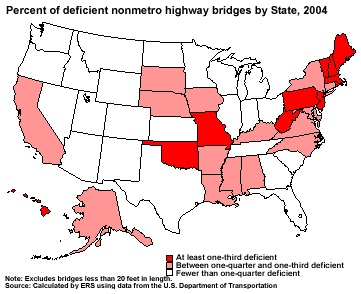 Percent of deficient nonmetro highway bridges, 2004