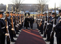 Secretary Napolitano is escorted by Coast Guard Commandant Adm.  Allen as she receives honors from the Coast Guard Ceremonial Honor Guard during her first visit to Coast Guard Headquarters. (U.S. Coast Guard photo/PA2 Dan Bender)