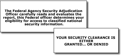 The  Federal Agency Security Adjudication Officer carefully reads and evaluates the report, this Federal officer determines your eligibility for access to classified national security information. Your security clearance is either granted, or denied.