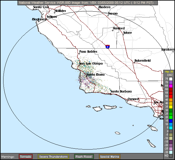 Click for latest Base Reflectivity radar image from the Vandenberg Air Force Base, CA radar and current weather warnings